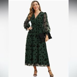 Women Floral Embroidered Long Puff Sleeve Dress